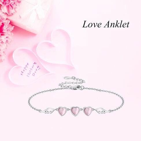 Pink Heart Anklet Sterling Silver Summer Beach Heart and Angel Wings Ankle Bracelets for Women in Saudi Arabia