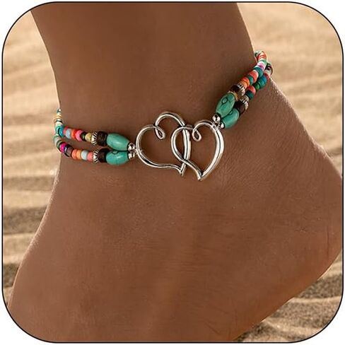 Beaded Ankle Bracelet for Women Double Layered Elastic Beaded Anklet Bracelets Double Hollow Hearts Stretch Waterproof Anklet Dainty Boho Turquoise Foot Bracelet Summer Beach Jewelry for Women in Saudi Arabia