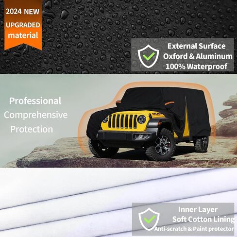 غطاء سيارة شديد التحمل لسيارة جيب ببابين مخصص مناسب لرانجلر JK JL CJ YJ TJ Sahara 1987-2024، 6 طبقات مقاومة للماء لجميع الأحوال الجوية غطاء خارجي كامل حماية خارجية مع سحاب الباب والقطن الداخلي in Kuwait