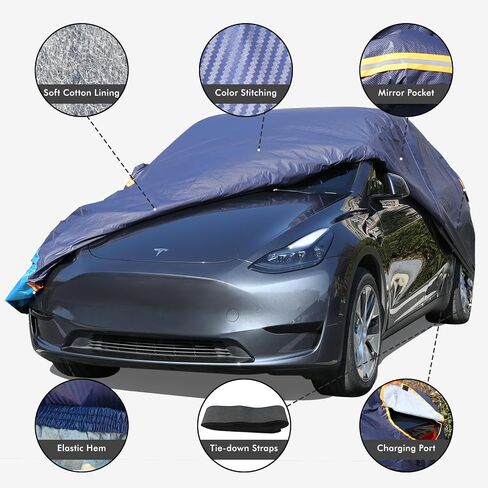 غطاء سيارة Tesla Model Y مقاوم للماء في جميع الأحوال الجوية، 6 طبقات خارجية كاملة للحماية من المطر والشمس والأشعة فوق البنفسجية والثلج مع سحاب قطني، وجيب مرآة ومنفذ شحن in Kuwait