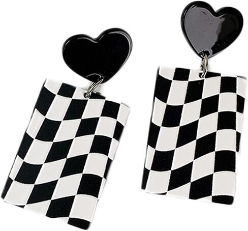 Acrylic Black White Irregular Geometric Striped Checkered Dangle Drop Earrings Minimalist Love Heart Flower Pattern Statement Earrings Jewelry for Women in Saudi Arabia