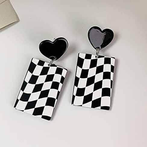 Acrylic Black White Irregular Geometric Striped Checkered Dangle Drop Earrings Minimalist Love Heart Flower Pattern Statement Earrings Jewelry for Women in Saudi Arabia