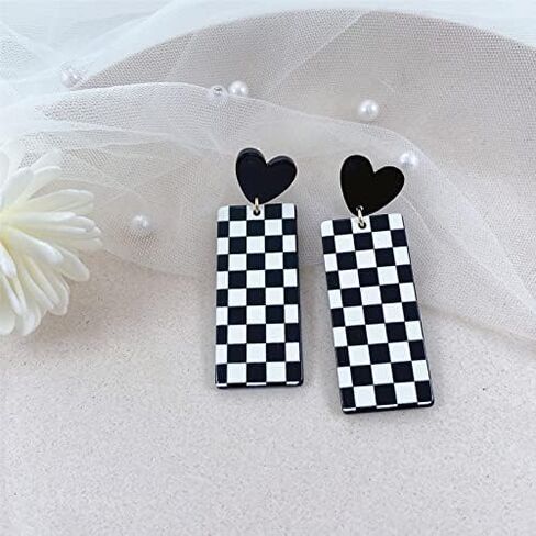 Acrylic Black White Irregular Geometric Striped Checkered Dangle Drop Earrings Minimalist Love Heart Flower Pattern Statement Earrings Jewelry for Women in Saudi Arabia