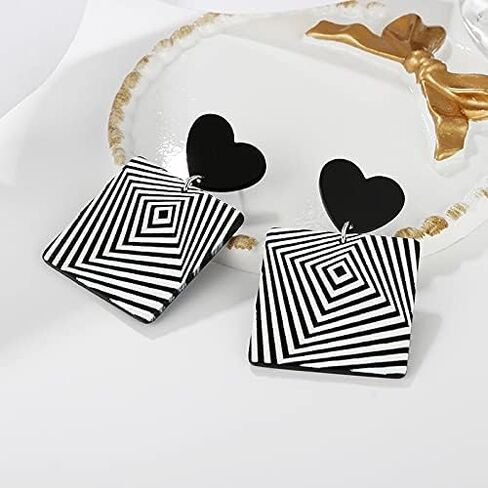 Acrylic Black White Irregular Geometric Striped Checkered Dangle Drop Earrings Minimalist Love Heart Flower Pattern Statement Earrings Jewelry for Women in Saudi Arabia