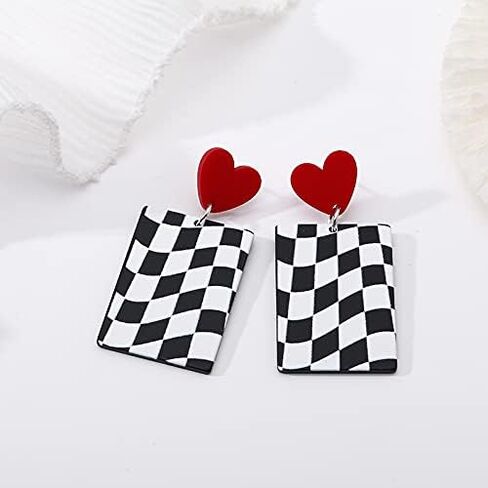 Acrylic Black White Irregular Geometric Striped Checkered Dangle Drop Earrings Minimalist Love Heart Flower Pattern Statement Earrings Jewelry for Women in Saudi Arabia