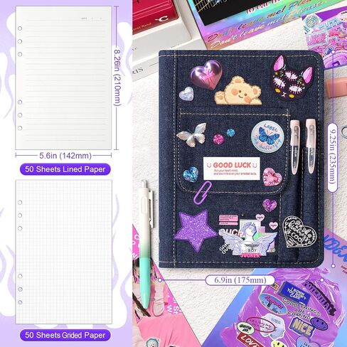 Toplive A5 Refillable Notebook Binder, A5 Denim 6 Ring Binder Cover with 100 Sheet Filler Paper, Y2K Personal Journal Notebook for Girls Women School College Students, Dark DENIM in Saudi Arabia