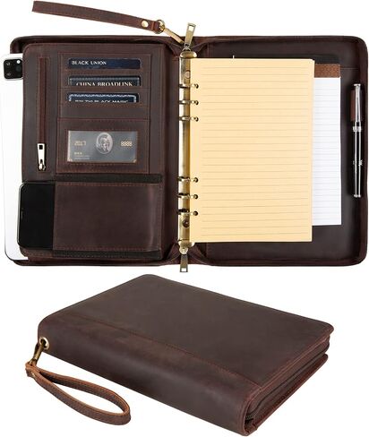 A5 Genuine Leather Portfolio Notebook Binder, 6 Ring Binder Notebook Portfolio, Refillable Notebook A5 Planner Binder with Binder Pockets (Standard,Dark Brown) in Saudi Arabia