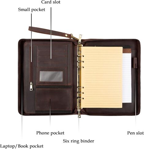 A5 Genuine Leather Portfolio Notebook Binder, 6 Ring Binder Notebook Portfolio, Refillable Notebook A5 Planner Binder with Binder Pockets (Standard,Dark Brown) in Saudi Arabia