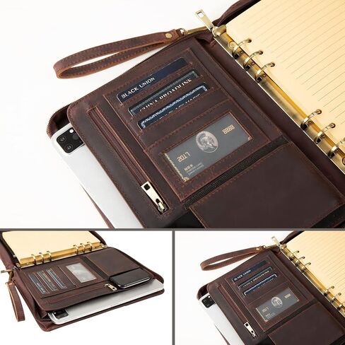 A5 Genuine Leather Portfolio Notebook Binder, 6 Ring Binder Notebook Portfolio, Refillable Notebook A5 Planner Binder with Binder Pockets (Standard,Dark Brown) in Saudi Arabia