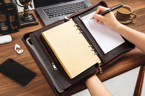 A5 Genuine Leather Portfolio Notebook Binder, 6 Ring Binder Notebook Portfolio, Refillable Notebook A5 Planner Binder with Binder Pockets (Standard,Dark Brown) in Saudi Arabia
