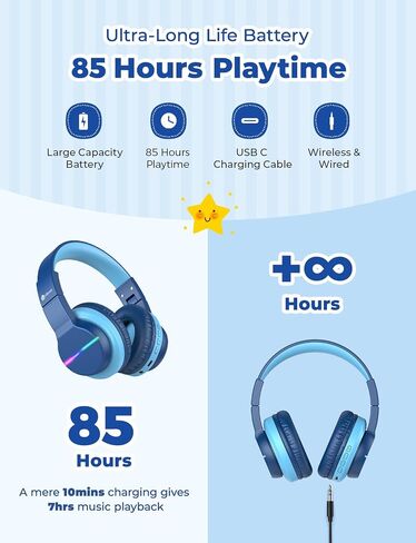 iClever BTH12 Kids Bluetooth Headphones 85H Playtime with LED Lights Travel | SafeSound Tech, Stereo Sound, USB C Charging AUX Cable Over Ear Built-in Mic, Kids Wireless Headphones for Toddler Boys Girls in Kuwait