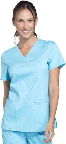 مجموعة ملابس العمل النسائية ثورة WW610 Mock Wrap Top & WW110 منتصف الارتفاع مستقيم الساق سحب على بانت، فيروزي - XL توب / XL بانت in Saudi Arabia