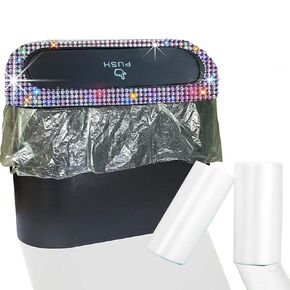 1.4 liters Bling Silver Thermoplastic Rubber Trash Can with Leakproof Lid and 60pcs Trash Bags, Artificial Diamond Car Office Kitchen Bedroom Home