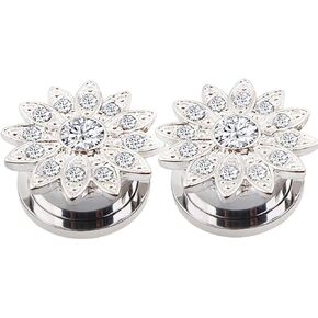 2Pcs Ear Gauges Ear Plugs Stainless Steel Crystal Zircon Flower Screw Fit Stretcher