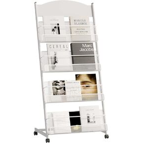 Floor-Standing Magazine Rack 4-tier Newspaper Holder Book Display Shelf brochure Display Stand Floor Suitable for Exhibitions Shopping Malls Hospitals Offices School (Silvery)