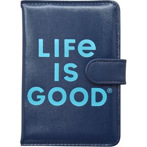 Life is Good Travel Passport Cover - Anti-Theft Passport Holder Wallet with Interior Card Slots, Magnetic Snap Closure, Navy