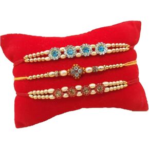 Rakhi Bracelet, Wrist Band. Fancy unique beautiful stones blue white, red stones, gift celebration (Fancy Rakhi Set of 3 - Design 1, Small) (PLK32)