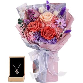Preserved Rose Birthday Flowers Bouquet with Necklace-Fresh Cut Flowers for Graduation Gift, Fresh Rose Flowers Bouquet for Delivery Prime, Gift for Her:Mother's Christmas Valentine's Day