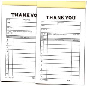 2-Pack Thank You Receipt Pad, Sales Receipt Form, Order Book, Invoice Booklet for Small Boutique Business, 3.4"x5.5" Handheld, 100 Sets Carbonless-White/Yellow.