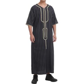 IMEKIS Men Muslim Thobe Middle East Saudi Arabic Robe Long Sleeve Kaftan Embroidered Islamic Arabic Abaya Prayer Clothes