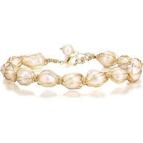 EVER FAITH Elegant Pearls Bracelet 18K Gold Vintage Freshwater Pearls Wrapped Silk Handmade Adjustable Charm Bracelets Dainty Wedding Bridal Jewelry for Women