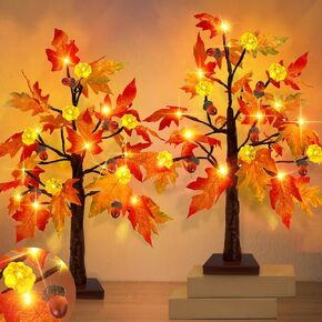 [ 2 Pack & Timer ] 20 Inch Prelit Fall Lighted Maple Tree Decor with 48 LED Battery Operated Artificial Tabletop Pumpkin Acorns Maple Tree Autumn Harvest Party Home Indoor Halloween Thanksgiving Decor
