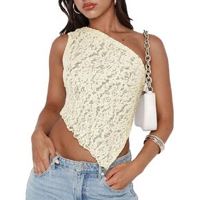 Women One Shoulder Lace Top Irregular Hem Backless Crop Tops See Through Sheer Tank Tops Going Out Clubwear