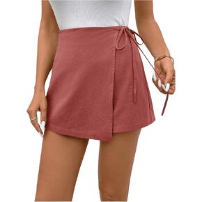 WDIRARA Women's Summer Linen Shorts Drawstring Knot Casual Skorts Wrap Knot Mini Skirt