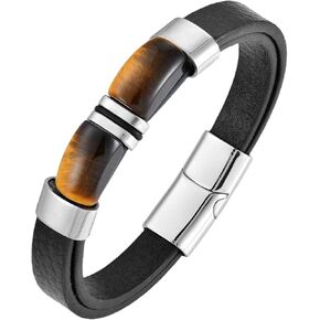 STARCHENIE Leather Bracelet for Men Rectangle Authentic Tiger Eye Black Braided Leather Mens Bracelet and Stainless Steel Buckle