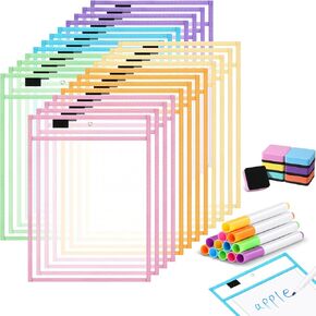 24 Pack Dry Erase Pocket Reusable Sleeves 10" x 14" Clear Plastic Sheet Protectors with Dry Erase Markers and Mini Sleeves Paper Teacher Supplies(Rainforest Green)