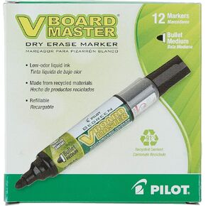 PILOT V Board Master BeGreen Refillable White Board Markers, Chisel Tip, Black Ink, 12 Count