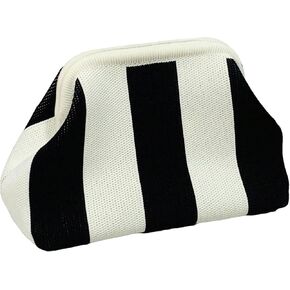 OYOANGLE Women's Striped Print Kiss Lock Crocheted Clutch Purse Casual Large Capacity Make Up Handbags