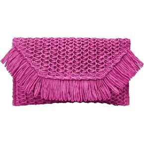OYOANGLE Women's Fringe Trim Flap Straw Handbags Solid Plain Fashionable Vacation Clutch Purses
