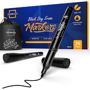 Scribbledo 36 Pack Dry Erase Markers Black Fine Tip Whiteboard Markers with Eraser Cap Thin Low Odor Skinny White Board Markers for Kids Adults Students Teachers Home School & Office