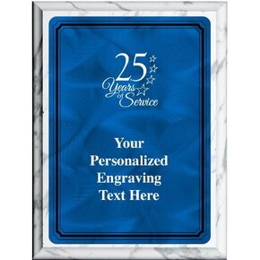 Crown Awards 7"X9" Blue Metal Plate 25 Years of Service Plaque, Personalized 25 Years of Service White Marbleized Plaque Award with Your Text Blue Plate Prime