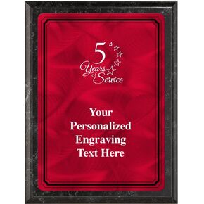Crown Awards 7"x9" Color Metal Plate 5 Years of Service Plaque, Personalized 5 Years of Service Black Marbleized Plaque Award with Your Text Red Plate Prime