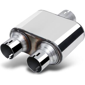 M-AUTO Single Chamber Muffler, 3" Inside Inlet and 2.5" Outlet Dual Universal 12" Overall Length Stainless Steel Exhaust Muffler Assembly, Chrome