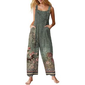 NAMTYQX 2024 Summer Linen Overalls for Women Casual Loose Fit Summer Rompers Boho Floral Print Wide Leg Jumpsuit with Pockets