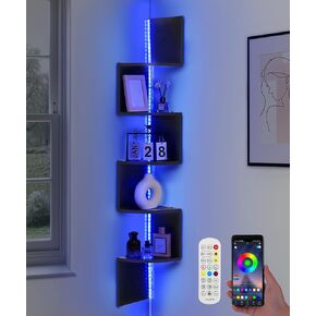 5 Tiers Corner Shelf with RGB LED Lights, 49.2" Wall Mount Floating Corner Display Shelf for Living Room Bedroom Home Office Decor, APP & Remote Control (Black)