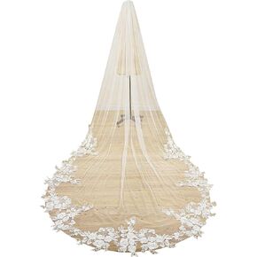 Long Pearl Floral Lace Soft Tulle Wedding Bridal Veil with Metal Comb