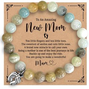 First Time Mom Gifts New Mom Gifts Natural Stone Beaded Bracelets Gifts for New Mom Mama Expecting Mom to Be Pregnancy Gifts with Footprint for 1st Time Mom Mother's Day Christmas Birthday Gifts