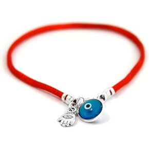 Women's 7" Turkish Blue Evil Eye & Hamsa Hand Silver Charms on Red String - Protection Bracelet - Ojo Turco - Lucky Friendship Jewelry Gift for Women