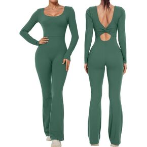 Wenlia Women's Workout Flare Jumpsuit Square Neck Long Sleeve Twist Back Romper Cutout Full Length Unitard Shapewear