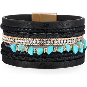 Boho Leather Wrap Bracelet for Women Multilayer Irregular Turquoise Bracelets Rhinestone Wide Cuff Bracelet Vintage National Wristbands Western Jewelry Gifts for Teens Girls