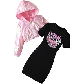 SHENHE Girl's 2 Piece Outfits Shiny Zip Up Hooded Jacket and Bodycon Graphic Tshirt Dress Set