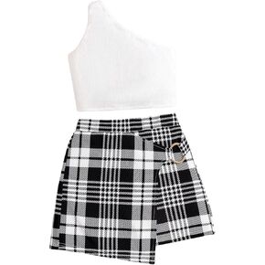 Milumia Girl's 2 Piece Outfits One Shoulder Top and Plaid Wrap Skorts Set