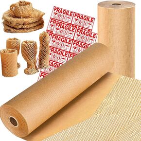 15" x 164' Honeycomb Packing Paper - Recyclable Cushion Wrap, Paper Bubble Wrap Packing Material for Moving & Protecting Fragile Items with 12 Fragile Stickers