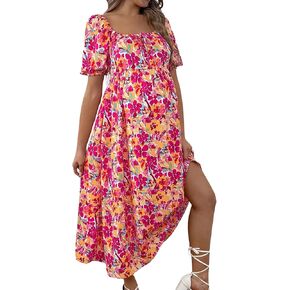 Floerns Women's Maternity Floral Print Dress Puff Sleeve Square Neck A Line Dress