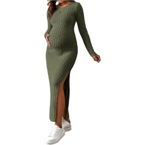 OYOANGLE Women's Maternity Dress Long Sleeve Round Neck Split Thigh Rib Knitted Bodycon Long Dresses