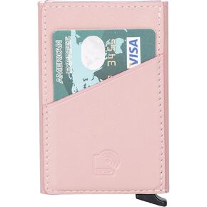 Leather Wallet, Leather Card Holder, Minimalist Mechanical Personalized Wallet Card,RFID Pop Up Leather Card Holder, Best Gift for Her (Pink)